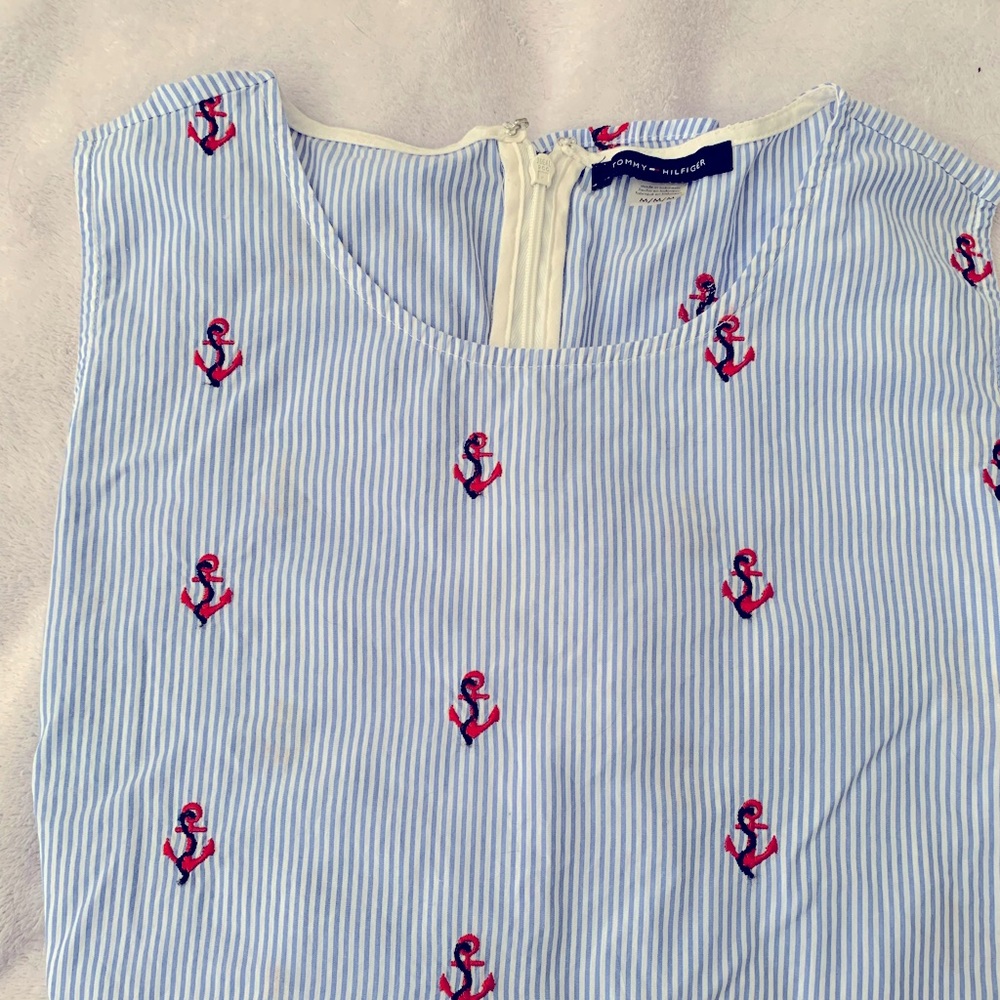 Tommy Hilfiger nautical tank sleeveless top anchors, blue and white M peplum